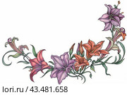 Art deco style edges made up of day Lilies and morning glories, on a white background. Стоковое AI-изображение, AI-художник Ирина Ручушкина / Фотобанк Лори