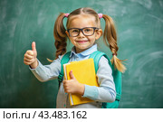 A cute girl with glasses shows the class with her hand. The child goes to school for the first time. A child with a school bag and a book. A child in the classroom on the background of a blackboard. Back to school. Стоковое AI-изображение, AI-художник Photojuli / Фотобанк Лори
