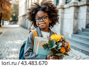 A pretty black African American woman in glasses with a bouquet of autumn flowers goes to school for the first time. A child with a school bag, a book and flowers. A child on a city street. Back to school. Стоковое AI-изображение, AI-художник Photojuli / Фотобанк Лори