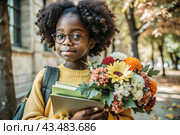 A pretty black African American woman in glasses with a bouquet of autumn flowers goes to school for the first time. A child with a school bag, a book and flowers. A child on a city street. Back to school. Стоковое AI-изображение, AI-художник Photojuli / Фотобанк Лори