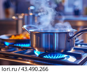 Boiling Pot on a Gas Stove. Стоковое AI-изображение, AI-художник Кирилл Черезов / Фотобанк Лори