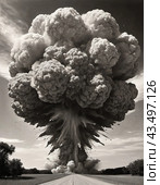 Nuclear explosion is process of releasing large amounts of thermal and radiant energy as result of uncontrolled chain nuclear fission reaction in a very short time. AI generated. Thermonuclear fusion. Стоковое AI-изображение, AI-художник Юлия Петровская / Фотобанк Лори