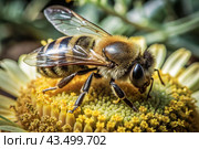 Bee collecting nectar on a flower close-up. Macro photography. Стоковое AI-изображение, AI-художник Photojuli / Фотобанк Лори