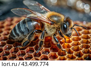 A bee sitting on a honeycomb close-up. Macro photography. Стоковое AI-изображение, AI-художник Photojuli / Фотобанк Лори