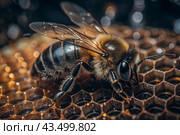 A bee sitting on a honeycomb close-up. Macro photography. Стоковое AI-изображение, AI-художник Photojuli / Фотобанк Лори