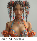 A young woman with an unusual and bright appearance, which is combined with a futuristic and ethnic style. She has dark skin, expressive eyes and a unique hairstyle consisting of many small braids decorated with multi-colored ribbons and beads. She is dressed in a bright and extravagant suit that emphasizes her figure. She wears a massive necklace with pendants around her neck, and decorative elements in the form of dots and lines are visible on her face. The whole image combines elements of cyberpunk and ethnicity, creating a bright and memorable impression. Стоковое AI-изображение, AI-художник Анна Кривицкая / Фотобанк Лори