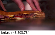 Hands are actively involved in the preparation of a flavorful sandwich on a hot griddle. Стоковое видео, видеограф Victor Kaprov / Фотобанк Лори