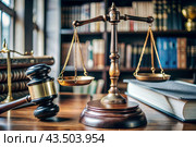 Justice and the law. A wooden hammer, books and scales on the table. The court session. Стоковое AI-изображение, AI-художник Photojuli / Фотобанк Лори