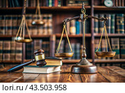 Justice and the law. A wooden hammer, books and scales on the table. The court session. Стоковое AI-изображение, AI-художник Photojuli / Фотобанк Лори