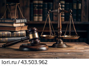 Justice and the law. A wooden hammer, books and scales on the table. The court session. Стоковое AI-изображение, AI-художник Photojuli / Фотобанк Лори