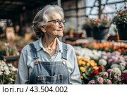 An elderly woman gardener with gray hair in overalls in a cozy flower greenhouse. The gardener takes care of the flowers. Стоковое AI-изображение, AI-художник Photojuli / Фотобанк Лори