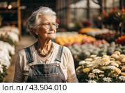 An elderly woman gardener with gray hair in overalls in a cozy flower greenhouse. The gardener takes care of the flowers. Стоковое AI-изображение, AI-художник Photojuli / Фотобанк Лори