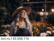 An elderly woman gardener with gray hair in overalls in a cozy flower greenhouse. The gardener takes care of the flowers. Стоковое AI-изображение, AI-художник Photojuli / Фотобанк Лори