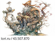 Old sage in fantasy style sitting on a large branchy tree. The sage wears a long beard and a hat, and his clothes are decorated with various magical amulets and talismans. The branches of the tree are entwined with mysterious objects, some of which resemble magical symbols. There are also several mysterious looking birds sitting on the branches of the tree. The sage holds a bowl with unknown contents in his hands, which adds an atmosphere of mystery and magic. Стоковое AI-изображение, AI-художник Анна Кривицкая / Фотобанк Лори
