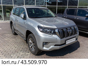 Toyota Land Cruiser Prado in front of the motor show closeup (2024 год). Редакционное фото, фотограф Евгений Ткачёв / Фотобанк Лори