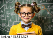 A pretty girl with glasses and books in her hands. The child goes to school for the first time. A child in the classroom on the background of a blackboard. Back to school. Стоковое AI-изображение, AI-художник Photojuli / Фотобанк Лори