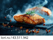 Hot smoked salmon fillet on black plate. Hot lox piece with steamed smoke. Dark background. Salmon steak served lemon, herbs cooking grill barbecue. Grilled red fish dish. Frying trout. Menu, recipe. Стоковое AI-изображение, AI-художник Марина Демидюк / Фотобанк Лори