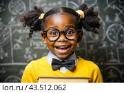 A pretty black African American girl with glasses and books in her hands. The child goes to school for the first time.A child in the classroom on the background of a blackboard. Back to school. Стоковое AI-изображение, AI-художник Photojuli / Фотобанк Лори