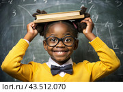A pretty black African American girl with glasses and books in her hands. The child goes to school for the first time.A child in the classroom on the background of a blackboard. Back to school. Стоковое AI-изображение, AI-художник Photojuli / Фотобанк Лори