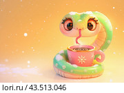 3D 2025 cartoon snake is sitting on a cup of coffee. The cup has a heart on it and the snake is looking up at the camera. The image has a playful and whimsical mood, with the snake being a cute. Стоковое AI-изображение, AI-художник Ekaterina Ismagilova / Фотобанк Лори