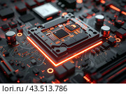 Микросхема со светящимися синими лампочками на печатной плате. Стоковое AI-изображение, AI-художник Максим Коломыченко / Фотобанк Лори