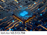 Микросхема со светящимися синими лампочками на печатной плате. Стоковое AI-изображение, AI-художник Максим Коломыченко / Фотобанк Лори