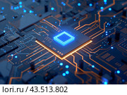 Микросхема со светящимися синими лампочками на печатной плате. Стоковое AI-изображение, AI-художник Максим Коломыченко / Фотобанк Лори