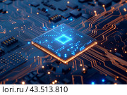 Микросхема со светящимися синими лампочками на печатной плате. Стоковое AI-изображение, AI-художник Максим Коломыченко / Фотобанк Лори