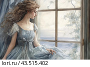 A young girl in a light blue dress with a ribbon, sitting by the window and thoughtfully looking out. There are subtle highlights of light visible in her long, wavy hair. Outside the window you can see a calm landscape with trees and sky, creating a feeling of silence and peace. The painting was made using watercolor technique, which gives it softness and romance. Стоковое AI-изображение, AI-художник Анна Кривицкая / Фотобанк Лори