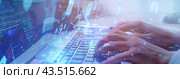 Double display of digital data against the background of a person's work in the office. The concept of analysis. Стоковое AI-изображение, AI-художник Ярославский Максим / Фотобанк Лори