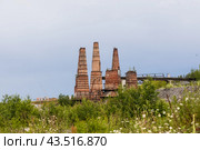 Pipes of old lime kilns on the abandoned marble and lime factory on a frosty January morning. Ruskeala, Karelia. Russia. Стоковое фото, фотограф Ольга Сейфутдинова / Фотобанк Лори