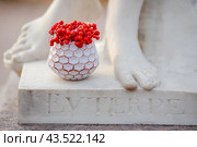 Red rowan berries in a vase near the feet of an antique statue. The inscription on the pedestal of Euterpe (in Greek mythology, the muse of lyric poetry and music). Close-up. Lyrical autumn mood. Стоковое фото, фотограф Андрей Степанов / Фотобанк Лори