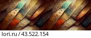 Beautiful abstract panoramic background. Colorful vintage ornament made of multicolored shapes with a grainy stone texture. Wide background with seamless pattern. Perfect for design. Generative AI. Стоковое AI-изображение, AI-художник Андрей Степанов / Фотобанк Лори