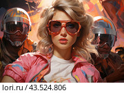 Stylish young woman with lush blond hair, dressed in a bright pink jacket and large sunglasses. Behind her stand two men in futuristic protective gear and helmets with visors, creating a science fiction or cyberpunk atmosphere. The picture is bright and rich, with an emphasis on fashion and high technology, conveying dynamics and modernity. Стоковое AI-изображение, AI-художник Анна Кривицкая / Фотобанк Лори