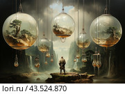 A man standing on a rock near a pond, surrounded by huge glass spheres suspended on metal chains. Inside the spheres are miniature landscapes with trees, reminiscent of bonsai. High cliffs and waterfalls can be seen in the background. The atmosphere is mystical and fantastic, creating a feeling of unreality and magic. Стоковое AI-изображение, AI-художник Анна Кривицкая / Фотобанк Лори