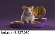 Cartoon hamster on purple platform with Bitcoin coins on Vibrant Pink and Blue Background. Hamster kombat game on cryptocurrency mining, concept of mini games on cryptocurrency earning. Стоковое AI-видео, аниматор Терехова Марина / Фотобанк Лори