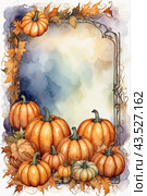 Autumn greeting from pumpkins and Halloween attributes with copy space. Стоковое AI-изображение, AI-художник Мария Мороз / Фотобанк Лори