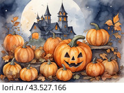 Autumn greeting from pumpkins and Halloween attributes with copy space. Стоковое AI-изображение, AI-художник Мария Мороз / Фотобанк Лори