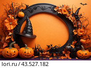 Autumn poster made of pumpkins, hats and Halloween attributes with copy space. Стоковое AI-изображение, AI-художник Мария Мороз / Фотобанк Лори