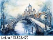 A beautiful watercolor scene with an elegant bridge spanning a river leading to a majestic Gothic style building. The bridge is decorated with elegant patterned railings and antique lanterns. In the background you can see a castle or cathedral with high towers and domes, framed by trees and light fog. Below, under the bridge, a man in a long cloak is walking along the water. The atmosphere of the picture is filled with morning freshness and romantic mood. Стоковое AI-изображение, AI-художник Анна Кривицкая / Фотобанк Лори