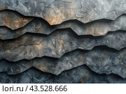 An abstract textured surface composed of overlapping layers reminiscent of layered rock or cracked earth. Each layer has a heterogeneous structure and is painted in dark gray tones interspersed with golden-bronze shades. Texture creates the impression of depth and volume, giving the image a three-dimensional effect. The overall atmosphere of the image is industrial and modern, ideal for use in interior design or as a background. Стоковое AI-изображение, AI-художник Анна Кривицкая / Фотобанк Лори