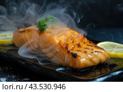 Hot smoked salmon fillet on black plate. Hot lox piece with steamed smoke. Dark background. Salmon steak served lemon, herbs cooking grill barbecue. Grilled red fish dish. Frying trout. Menu, recipe. Стоковое AI-изображение, AI-художник Марина Демидюк / Фотобанк Лори