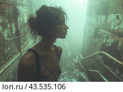 A young woman in profile standing in a gloomy, abandoned corridor with peeling walls. The corridor is shrouded in thick fog, creating an atmosphere of mystery and desolation. The woman looks haggard and tired, her skin is damp with sweat and her hair is disheveled. She is dressed in a simple T-shirt and carries a backpack on her back. The light breaking through the fog illuminates her silhouette, emphasizing the contrast between her figure and the environment. Стоковое AI-изображение, AI-художник Анна Кривицкая / Фотобанк Лори
