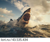 Great White Shark Breaching the Ocean Surface. Стоковое AI-изображение, AI-художник Кирилл Черезов / Фотобанк Лори