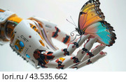 A robotic hand gently holds a delicate butterfly on its fingertip during an exquisite moment. Стоковое AI-изображение, AI-художник Юрий Поздников / Фотобанк Лори