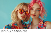 Portrait of Two Girls with Pink Hair. Стоковое AI-изображение, AI-художник Юрий Поздников / Фотобанк Лори