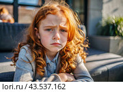 Portrait of a beautiful, unhappy, sad young red-haired teenage girl. Problems, parenting of teenagers. Стоковое AI-изображение, AI-художник Photojuli / Фотобанк Лори