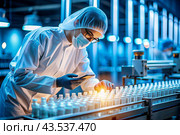 Production of medicines. A pharmacist checks medical vials on an automatic conveyor of a pharmaceutical factory production line using artificial intelligence. Стоковое AI-изображение, AI-художник Photojuli / Фотобанк Лори