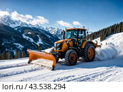 Special equipment snowplow clearing snow from road at snow-covered mountains and evergreen trees. Snow plow tractor clears snow on ski resort, sunny day. Safety winter road concept. Copy ad text space. Стоковое AI-изображение, AI-художник Aleksandr Golubev / Фотобанк Лори