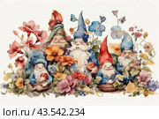 Five gnomes with long white beards, dressed in colorful hats and clothes, standing among brightly colored flowering plants. Each gnome holds a flower or fruit, their faces express joy and fun. The composition is made in a watercolor style with soft and delicate colors, creating an atmosphere of fairy tales and kindness. Стоковое AI-изображение, AI-художник Анна Кривицкая / Фотобанк Лори